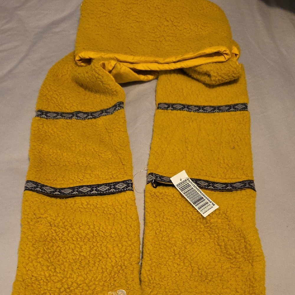 North Face Yellow Fleece Scarf with Patterned Accents